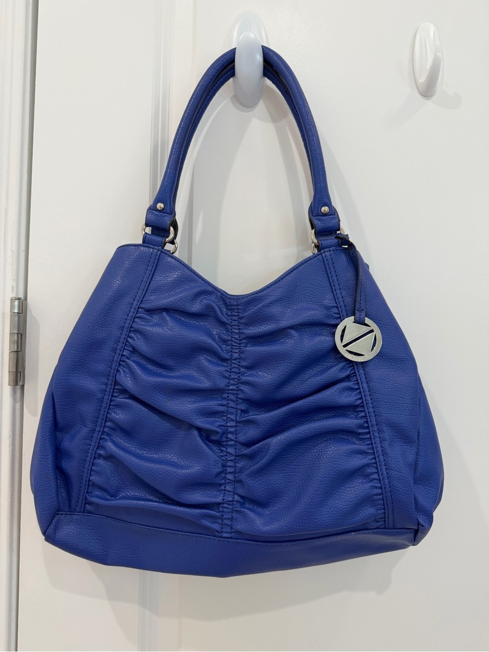 Nine & Co. Royal Blue Ruched Leather Shoulder Bag with Logo Charm